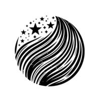 Black and white stylized circular illustration of a starry night, with flowing lines representing a celestial event. vector