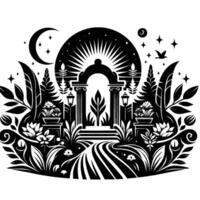 Monochrome Garden Pathway Arcadian nighttime scene with classical archway, floral elements, celestial details, and pathway. vector