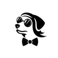 Sleek Black and White A Stylish Dog with Round Sunglasses and a Bow Tie, Set Against a Minimalist White Background. vector