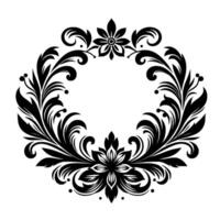 Elegant Black and White Floral Wreath with Symmetrical Symmetry, Leaves, Flowers, and Curls, Forming a Circular Frame. vector