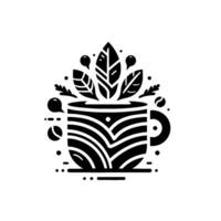 Minimalist Black and White Illustration of a Striped Mug with Leaves and Berries, Representing Tea or Herbal Infusion. vector
