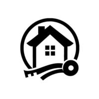 Minimalist Black and White House and Key Inside a Circle, Representing Real Estate, Home Security, and Property Ownership. vector