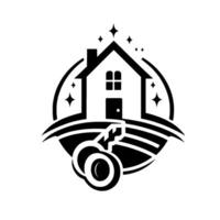 Clean Home Services A minimalist emblem depicting a house with keys, encircled by a stylized orbit and sparkling stars, conveying cleanliness and care. vector
