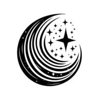 Black and White Starry Crescent A celestial illustration with swirling lines and sparkling stars in a minimalist, modern style. vector