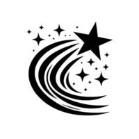 A , stylized black star shooting across a curved arc with multiple smaller stars, set against a stark white background, creating a sense of motion. vector