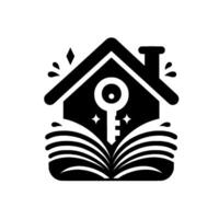 A stylized, blackandwhite depicting a house with a key inside, emerging from an open book and surrounded by stylized water elements and sparkles. vector