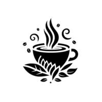 Artistic Black and White Illustration of a Steaming Coffee Cup Adorned with Leaves and Coffee Beans, Featuring Swirls vector