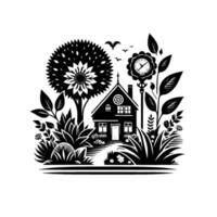 Black and White Whimsical Illustration of a Cottage with Flowering Tree, Clock, and Garden, Birds in Flight. vector