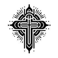 Intricate Art Deco Cross Featuring Detailed Geometric Patterns with Black Lines Against a White Background vector