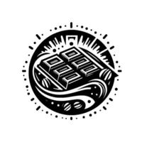 Black and white circular illustration of a chocolate bar, surrounded by decorative elements and a dotted border, suggesting a stylized or emblem. vector
