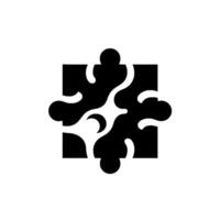 Black puzzle piece , stylized within a white circular frame, showcasing abstract curved shapes and contrasting positivenegative space. vector