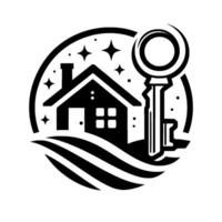 Symbolic black and white illustration of a house with a key, stars, and wavy lines, representing home ownership. vector