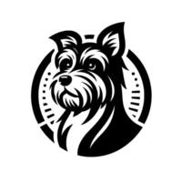 Monochromatic Schnauzer Dog Portrait in a Circular Emblem with Art Style and Geometric Accents, Isolated on White. vector