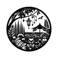 Intricate Black White Garden Silhouette Within a Circle, Featuring Foliage, Bird, Lantern, and Floral Elements. vector