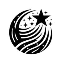 Black and White Circular Featuring a Large Star Surrounded by Smaller Stars and Swirling Lines, Evoking Motion and Energy. vector