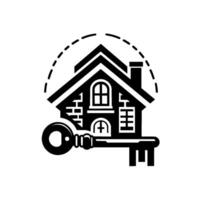 Black and white real estate featuring a house atop a large key, a dotted line arching over the structure. vector
