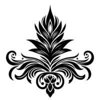 Ornate symmetrical black floral with pointed leaves, elegant swirls, and decorative elements on a white background. vector