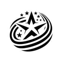 Bold Black Starburst Emblem with FivePointed Star Center, Surrounded by Circular Swooshes and Smaller Stars on White. vector