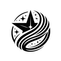 Stylized black star within a swirling circular frame with twinkling star accents, minimalist on white background. vector
