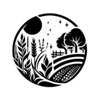 Black and white circular illustration of a stylized countryside landscape at night, with fields, trees, stars, and crops. vector
