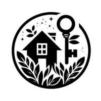 Black and White Circular Illustration of a House with Key, Foliage, and Stars, Symbolizing Home and Security. vector