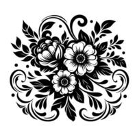 Elegant Floral in Black and White, Featuring Three Blooms, Leaves, and Swirls on a White Background, Artfully Arranged, a Composition vector
