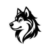 A stylized black and white illustration of a husky dogs head in profile, conveying a sense of strength and nobility against a blank white backdrop. vector