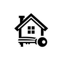 Minimalist monochrome house and key , representing homeownership, security, and real estate, isolated on white background. vector
