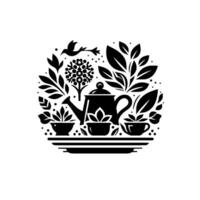 Monochromatic circular emblem of a teapot, potted plants, tea cups, floral elements, and a bird in flight, celebrating the art of tea and natures harmony. vector