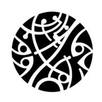 Abstract black and white circular featuring interconnected curved lines, rounded shapes, and dot accents within a stark, contrasting composition. vector