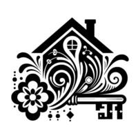 Intricate Black and White Illustration of a House with Floral Ornament, Key, and Window, on White Background. vector