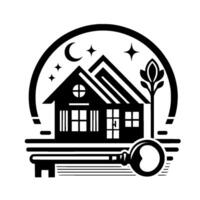 Black and white, minimalist of a house under a crescent moon and stars, beside a stylized plant, and a key, representing home, security, and night. vector