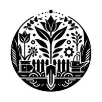 Black and white circular garden scene illustration featuring stylized plants, flowers, a picket fence, and watering can, evoking simplicity and harmony. vector