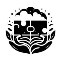 Abstract black and white featuring a puzzleshaped object with cloudlike foam and a plantlike base held by hands, framed with dots and leaves. vector