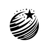 A dynamic black and white depicting a stylized star constellation with a large central star and trailing streaks, within a spherical shape. vector