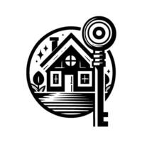 Stylized Monochrome Illustration House Symbol Inside Circle with Key Depicting Real Estate, Homeownership, and Security in a Clean . vector