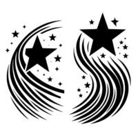Black and White Starburst Two symmetrical star patterns with trails of curved lines and scattered small stars on a white background. vector