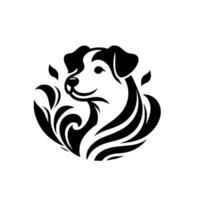 Elegant Black White Dog Portrait A symmetrical featuring a smiling canine head with intricate ornamental details, set within a circular frame. vector