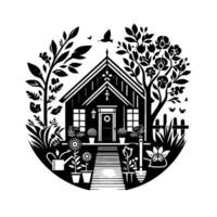 Black and White Circular Illustration of a Charming Cottage Surrounded by Lush Garden with Flowers, Trees, and a Bird in Flight. vector