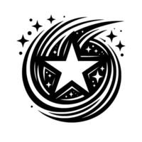 Abstract Black and White Starburst Central Star Surrounded by Swirling Lines, Stellar Icons, and a Celestial Halo. vector