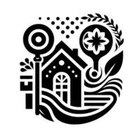 Black White House with a Key, Flower, and Nature Elements Enclosed in a Circular Composition, Illustrating Home Garden. vector