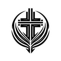 Geometric Black Cross Symbol with Feathered Accents Enclosed in a Circular Shape Against a White Background vector
