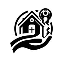 A black and white depicts a house and key embraced within a protective hand, symbolizing home ownership and security, enclosed in a circle. vector