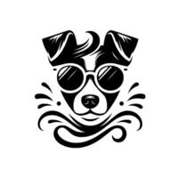 Black and white illustration of a dog wearing sunglasses, with stylized water elements around its face, creating a cool, relaxed vibe. vector