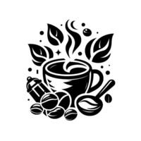 Elegant black and white stylized illustration of coffee, featuring a steaming cup, beans, leaves, and a spoon. vector