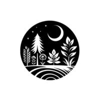 A Black and White Silhouette Illustration of a Nighttime Nature Scene inside a Circle, Featuring a Crescent Moon, Stars, Trees, Flowers, and a Field. vector