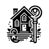 Black and white illustration of a house with a stylized key, representing homeownership, security, and real estate. vector