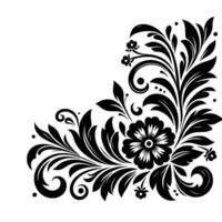 Black White Floral Corner with Leaves, Swirls, and Dots, Creates a Decorative Element on a Plain White Background. vector
