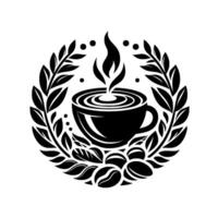 Elegant Black and White Coffee A Steaming Cup, Coffee Beans, and Laurel Wreath, Circular Symbol for Cafes. vector