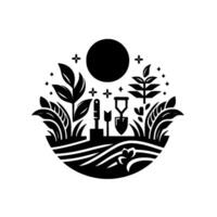 Stylized Circular Garden Scene Depicting Tools, Plants, Moon, and Starbursts in Black and White, Art. vector